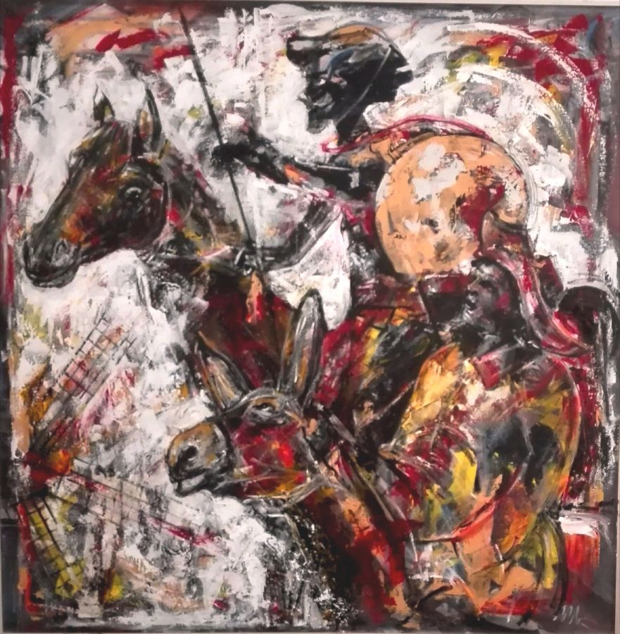 Don Quijote e Sancho Panza-Elogio della fantasia   acrilico gesso  100x100  2016